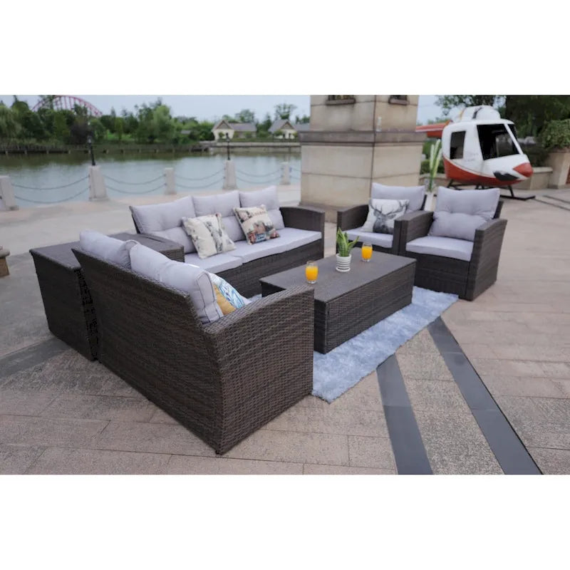 Moda Ensemble de canapé en osier 6 pièces Meubles de section extérieure (avec housse de pluie) - 2,7 m x 3,6 m