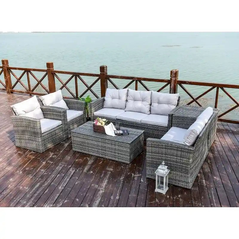 Moda Ensemble de canapé en osier 6 pièces Meubles de section extérieure (avec housse de pluie) - 2,7 m x 3,6 m