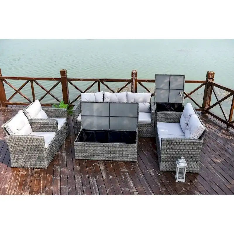 Moda Ensemble de canapé en osier 6 pièces Meubles de section extérieure (avec housse de pluie) - 2,7 m x 3,6 m