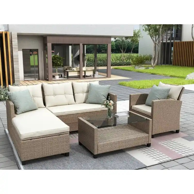 Canapé d'angle de terrasse en osier 4 pièces avec coussins d'assise