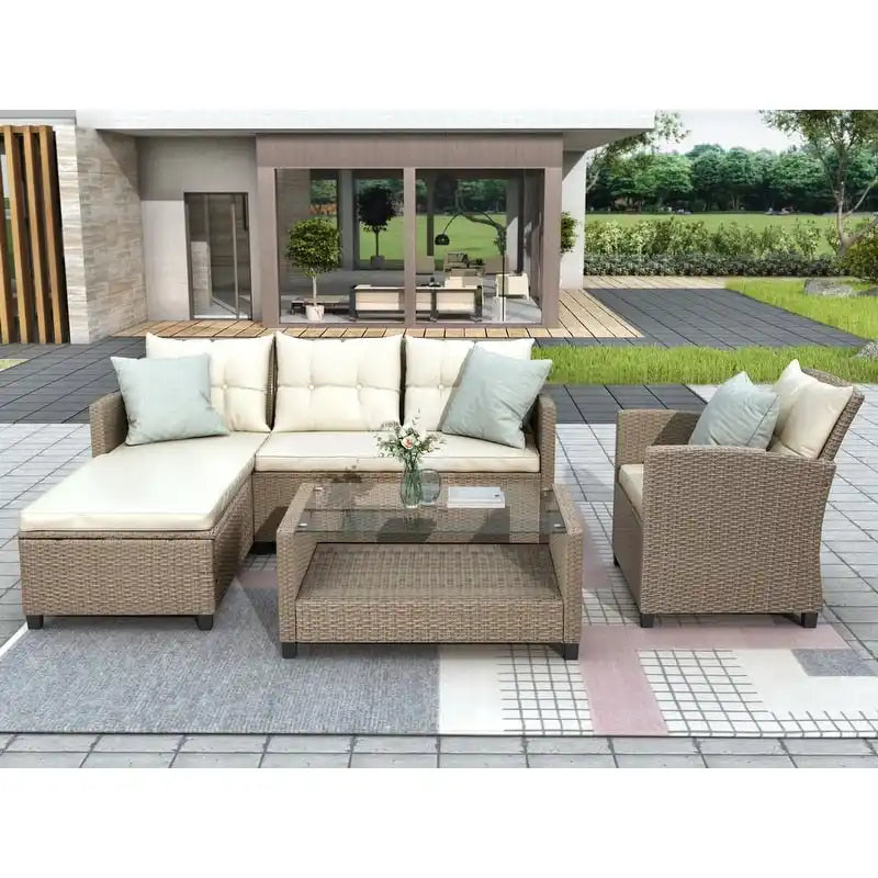 4 Piece Patio Wicker Sectional Sofa with Seat Cushions