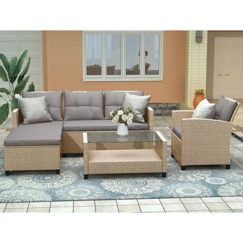 Canapé d'angle de terrasse en osier 4 pièces avec coussins d'assise