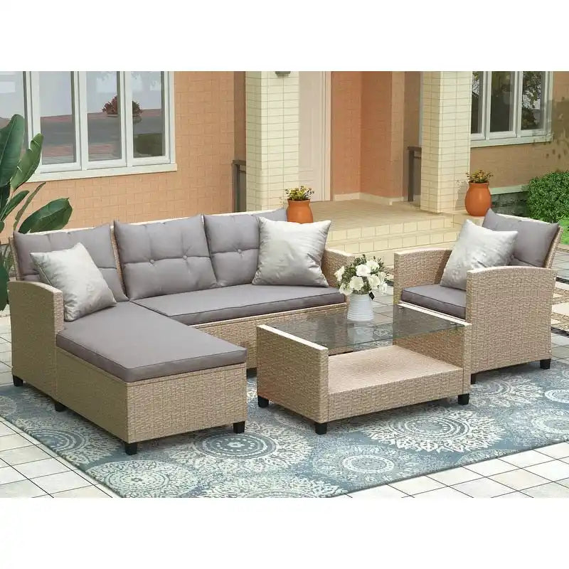 Canapé d'angle de terrasse en osier 4 pièces avec coussins d'assise