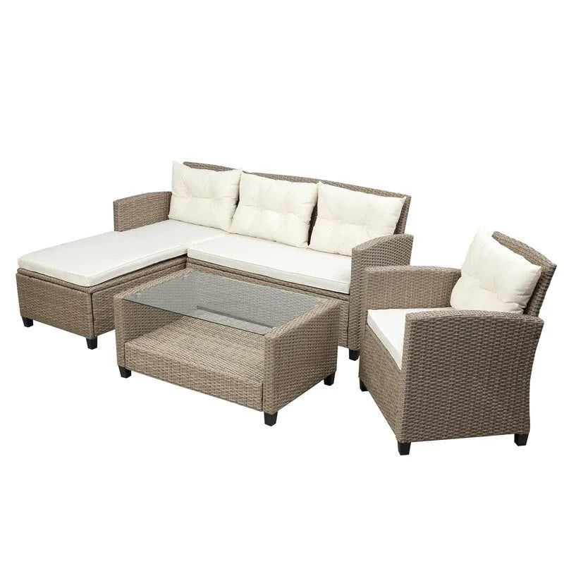 Canapé d'angle de terrasse en osier 4 pièces avec coussins d'assise
