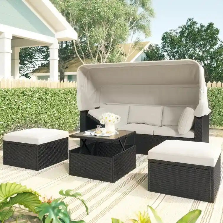 Lit de repos rectangulaire pour terrasse extérieure avec auvent rétractable et coussins