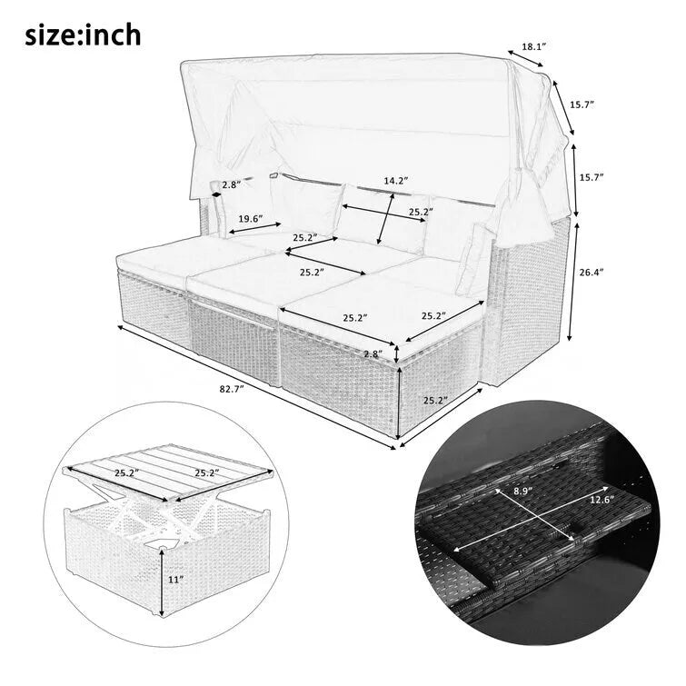 Lit de repos rectangulaire pour terrasse extérieure avec auvent rétractable et coussins