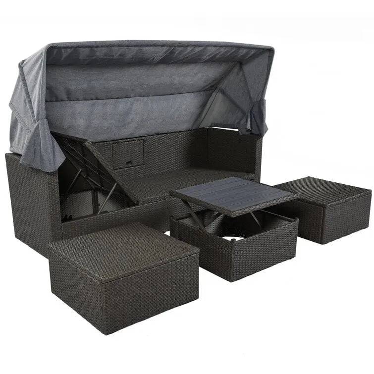 Lit de repos rectangulaire pour terrasse extérieure avec auvent rétractable et coussins