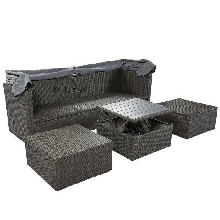 Lit de repos rectangulaire pour terrasse extérieure avec auvent rétractable et coussins