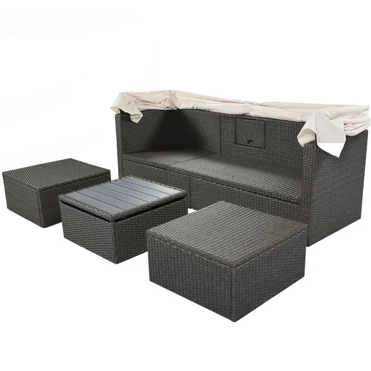 Lit de repos rectangulaire pour terrasse extérieure avec auvent rétractable et coussins