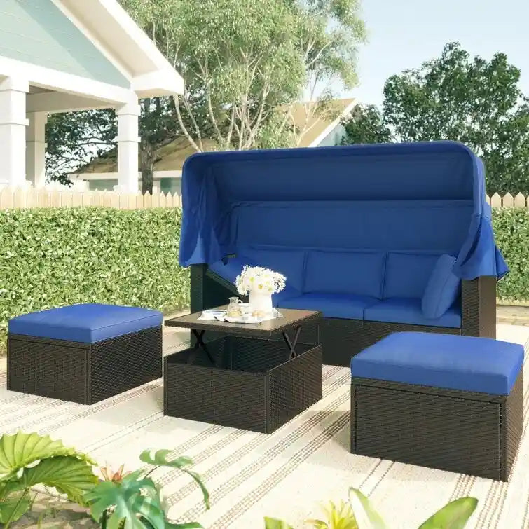 Lit de repos rectangulaire pour terrasse extérieure avec auvent rétractable et coussins