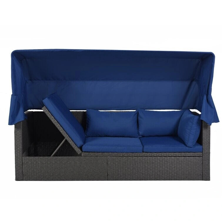 Lit de repos rectangulaire pour terrasse extérieure avec auvent rétractable et coussins