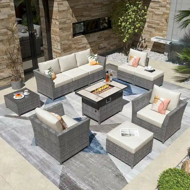 HOOOWOOO 10-piece Outdoor Furniture Rattan Sectional Set with Fire Pit Table.