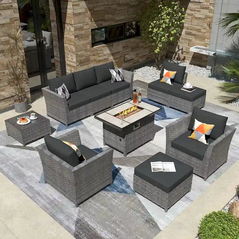 HOOOWOOO 10-piece Outdoor Furniture Rattan Sectional Set with Fire Pit Table.