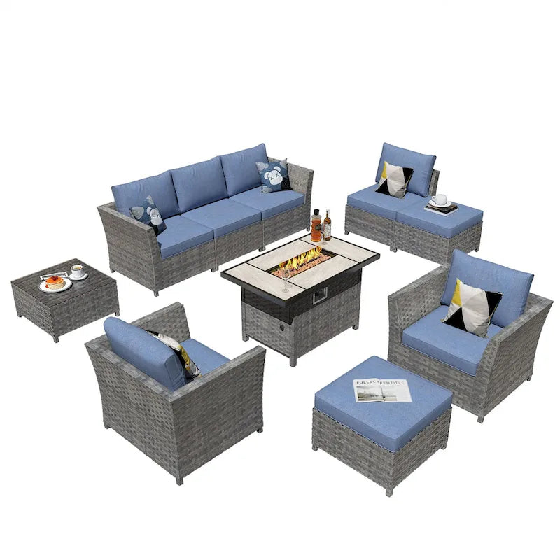 HOOOWOOO 10-piece Outdoor Furniture Rattan Sectional Set with Fire Pit Table.