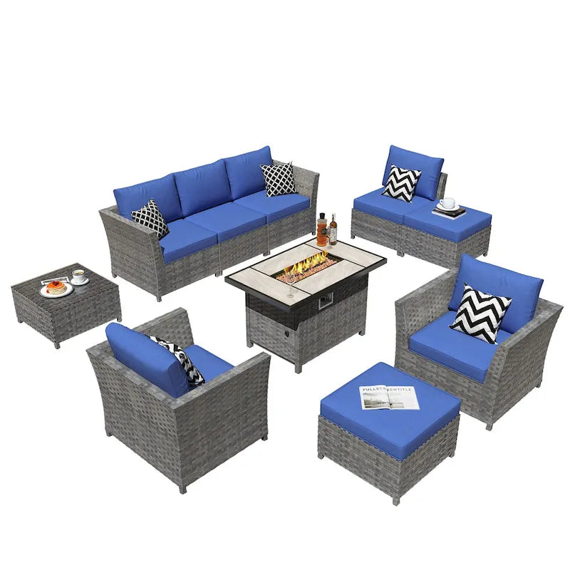 HOOOWOOO 10-piece Outdoor Furniture Rattan Sectional Set with Fire Pit Table.