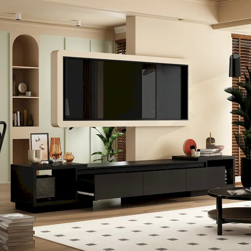 Meuble TV extensible rétractable pour centre de divertissement en tissu stretch