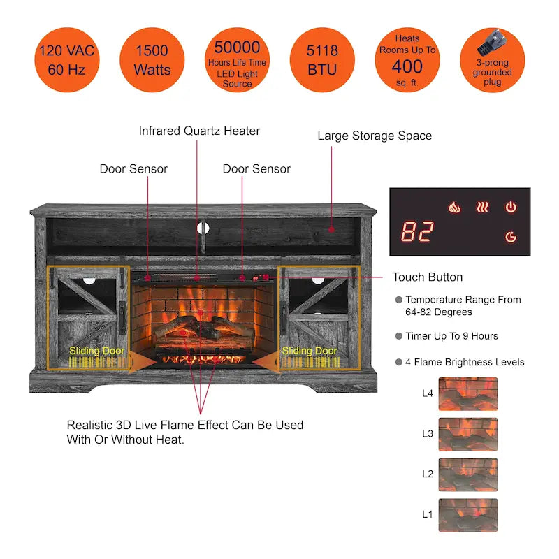 60 in. Electric Fireplace TV Stand Entertainment Center w/Door Sensor