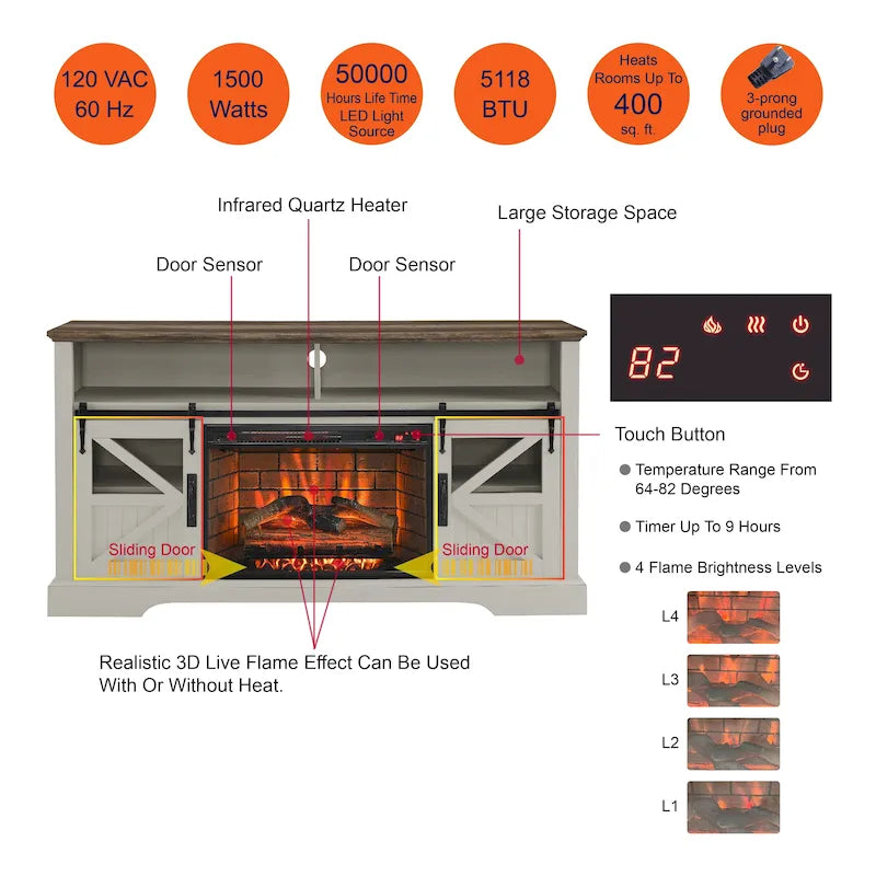60 in. Electric Fireplace TV Stand Entertainment Center w/Door Sensor