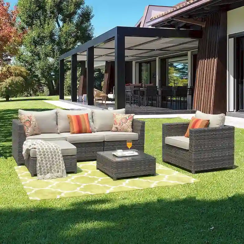 OVIOS Salon de jardin en osier 6 pièces avec coussins