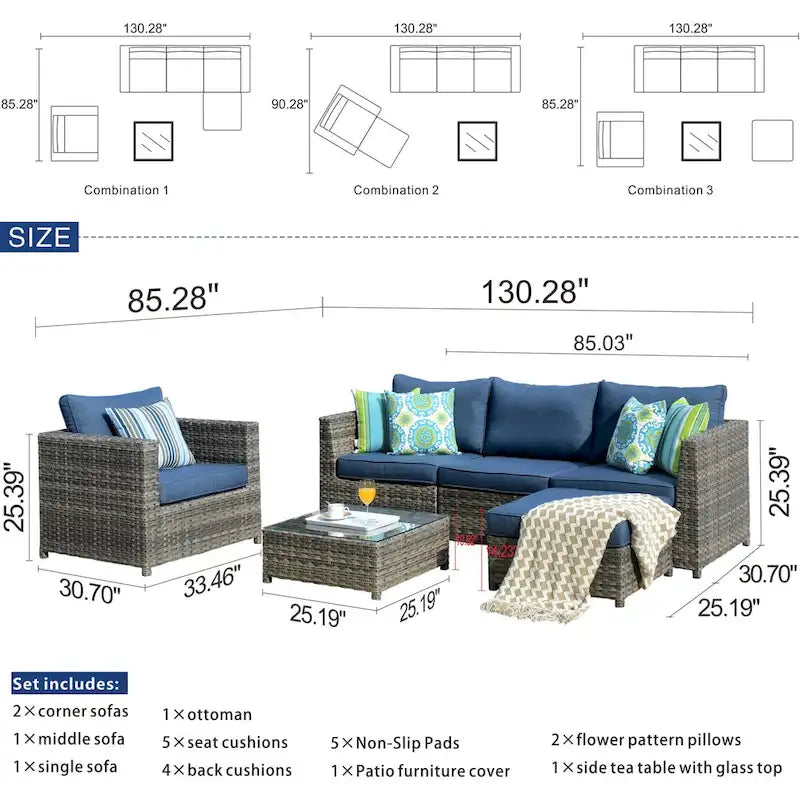 OVIOS Salon de jardin en osier 6 pièces avec coussins