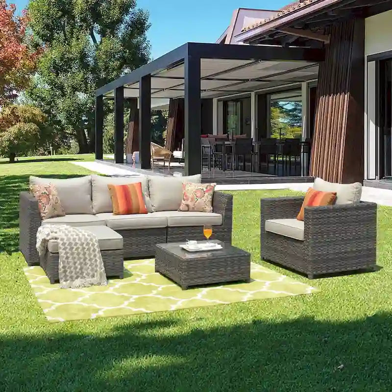 OVIOS Salon de jardin en osier 6 pièces avec coussins