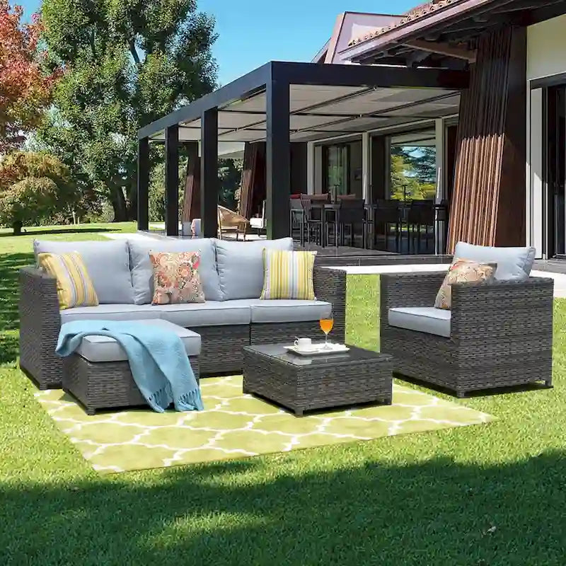 OVIOS Salon de jardin en osier 6 pièces avec coussins