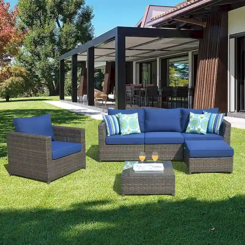OVIOS Salon de jardin en osier 6 pièces avec coussins