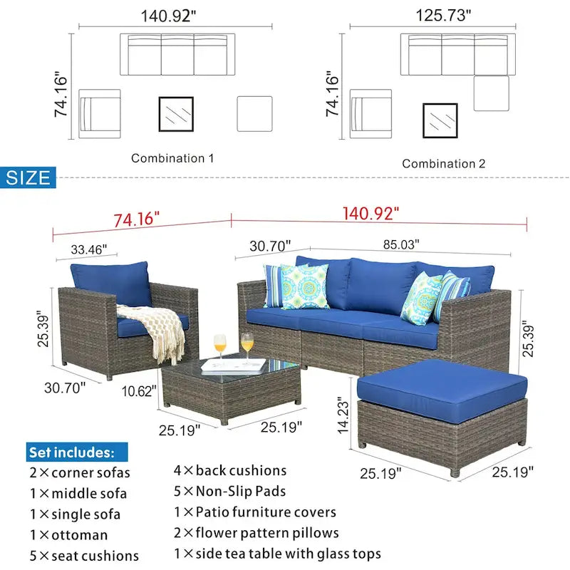 OVIOS Salon de jardin en osier 6 pièces avec coussins