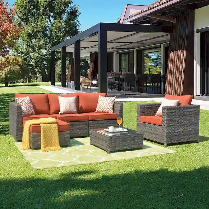 OVIOS Salon de jardin en osier 6 pièces avec coussins