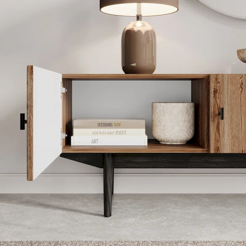 Meuble TV marron Chelsea de Living Skog, compatible avec les téléviseurs jusqu'à 65 pouces, avec design à lattes et pieds en bois
