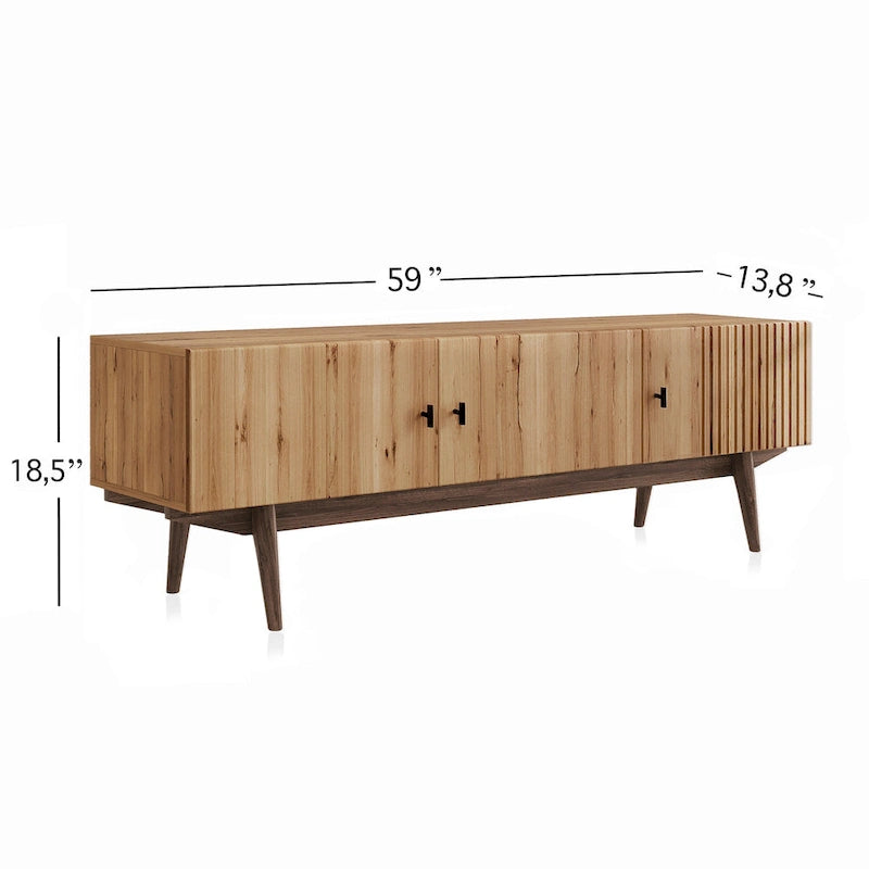 Meuble TV marron Chelsea de Living Skog, compatible avec les téléviseurs jusqu'à 65 pouces, avec design à lattes et pieds en bois