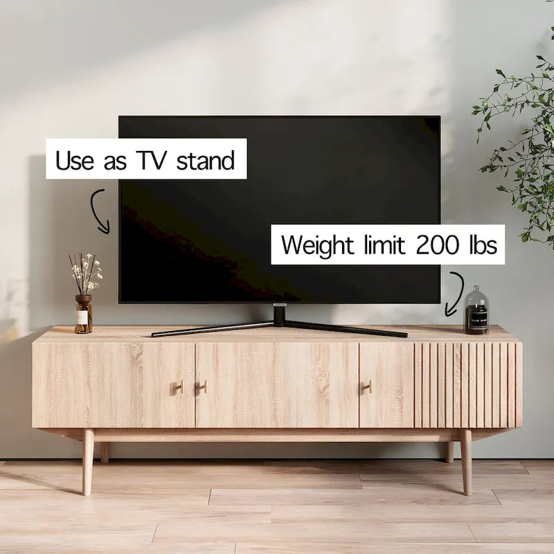 Meuble TV marron Chelsea de Living Skog, compatible avec les téléviseurs jusqu'à 65 pouces, avec design à lattes et pieds en bois