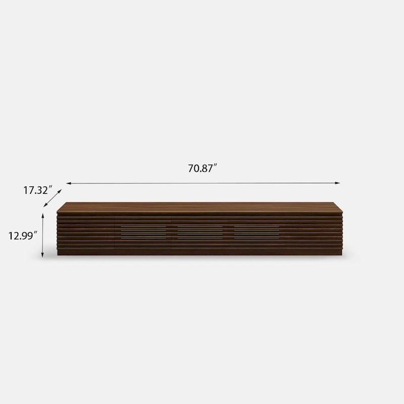Meuble TV minimaliste avec tiroirsConsole multimédia en bois massif avec placards, porte abattante, placage noyer, entièrement assemblé