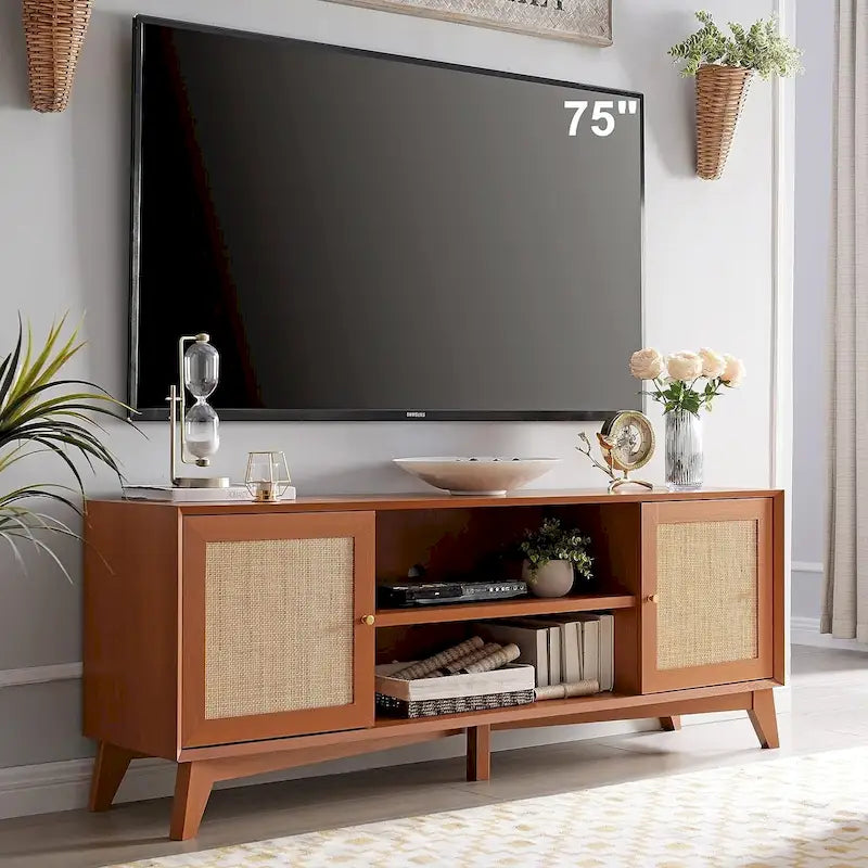 Meuble TV en rotin de style moderne du milieu du siècle pour téléviseur de 75 pouces, centre de divertissement