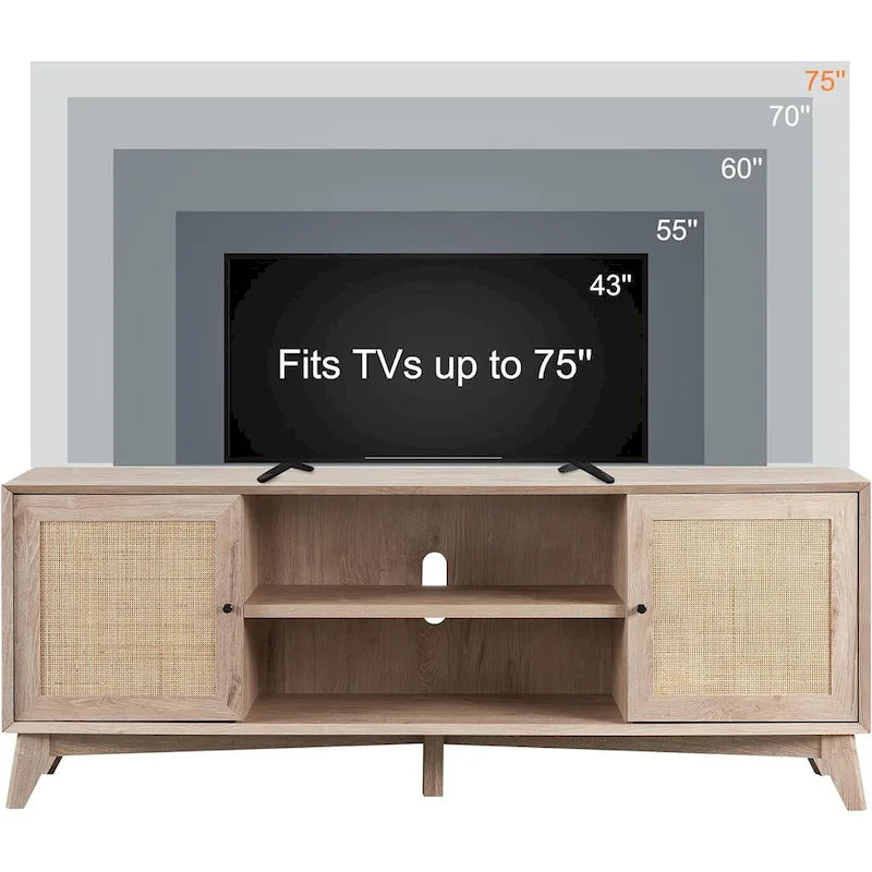 Meuble TV en rotin de style moderne du milieu du siècle pour téléviseur de 75 pouces, centre de divertissement