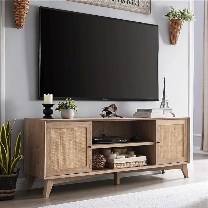 Meuble TV en rotin de style moderne du milieu du siècle pour téléviseur de 75 pouces, centre de divertissement
