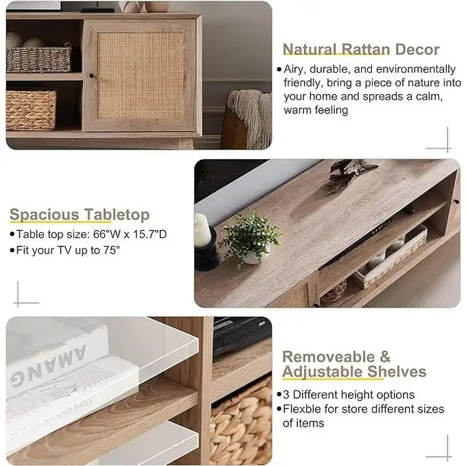 Meuble TV en rotin de style moderne du milieu du siècle pour téléviseur de 75 pouces, centre de divertissement