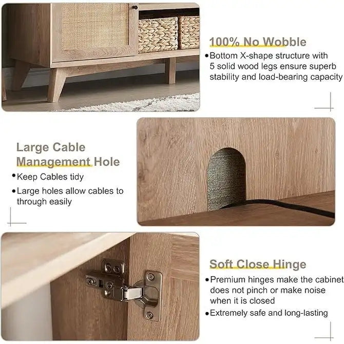 Meuble TV en rotin de style moderne du milieu du siècle pour téléviseur de 75 pouces, centre de divertissement
