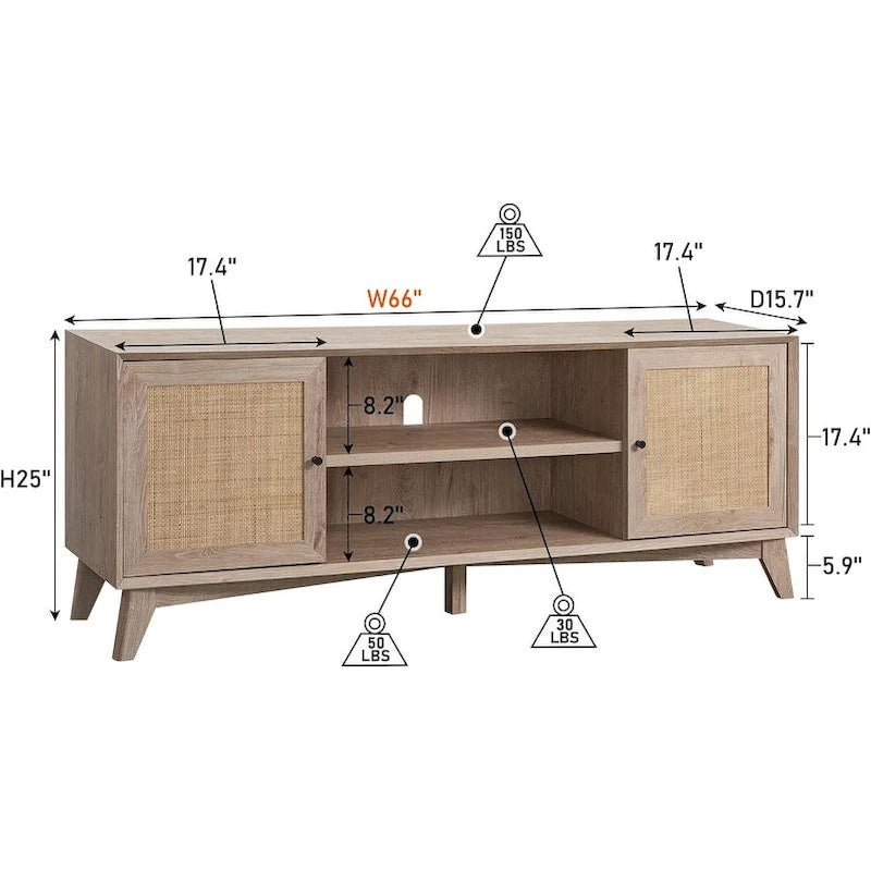 Meuble TV en rotin de style moderne du milieu du siècle pour téléviseur de 75 pouces, centre de divertissement