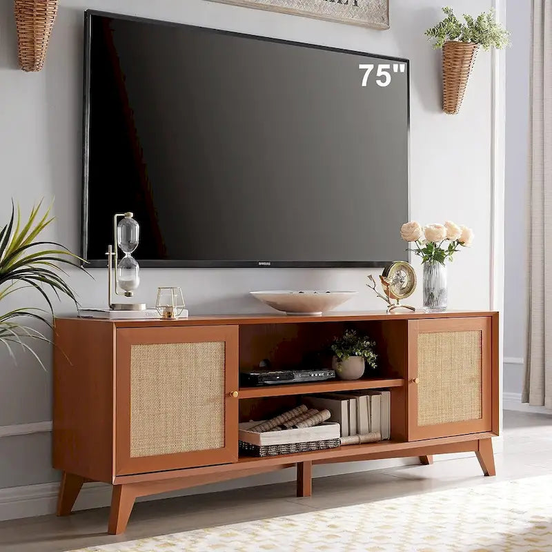 Meuble TV en rotin de style moderne du milieu du siècle pour téléviseur de 75 pouces, centre de divertissement