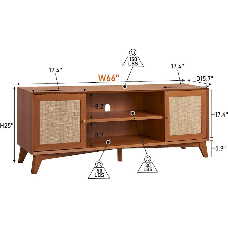 Meuble TV en rotin de style moderne du milieu du siècle pour téléviseur de 75 pouces, centre de divertissement