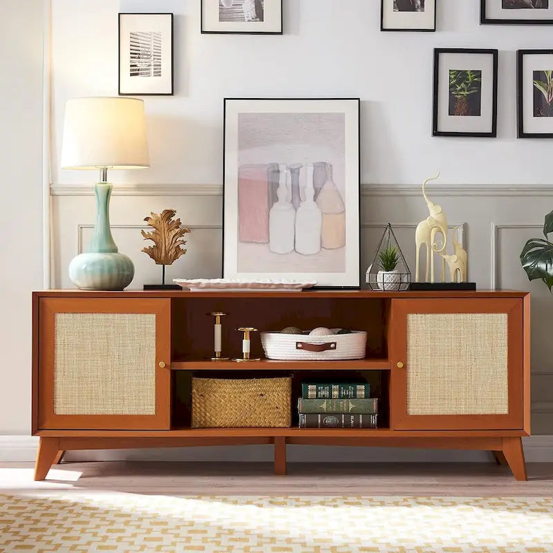 Meuble TV en rotin de style moderne du milieu du siècle pour téléviseur de 75 pouces, centre de divertissement