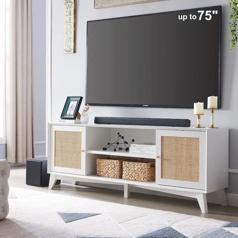 Meuble TV en rotin de style moderne du milieu du siècle pour téléviseur de 75 pouces, centre de divertissement