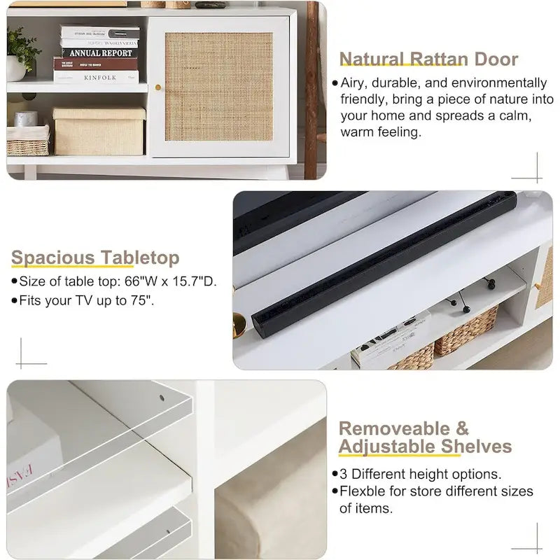 Meuble TV en rotin de style moderne du milieu du siècle pour téléviseur de 75 pouces, centre de divertissement