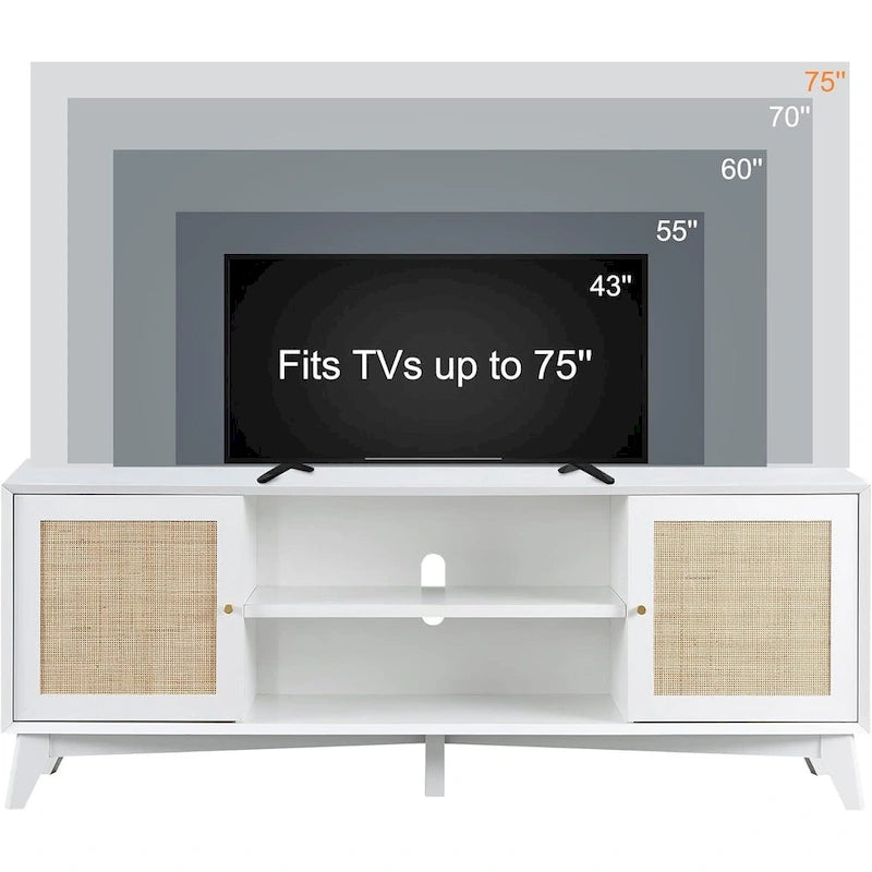Meuble TV en rotin de style moderne du milieu du siècle pour téléviseur de 75 pouces, centre de divertissement