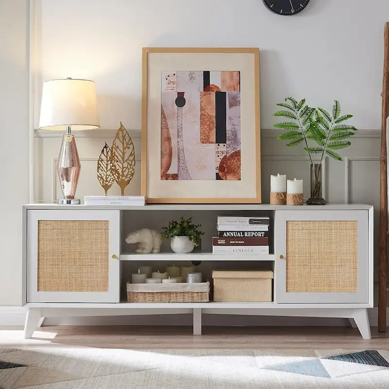 Meuble TV en rotin de style moderne du milieu du siècle pour téléviseur de 75 pouces, centre de divertissement
