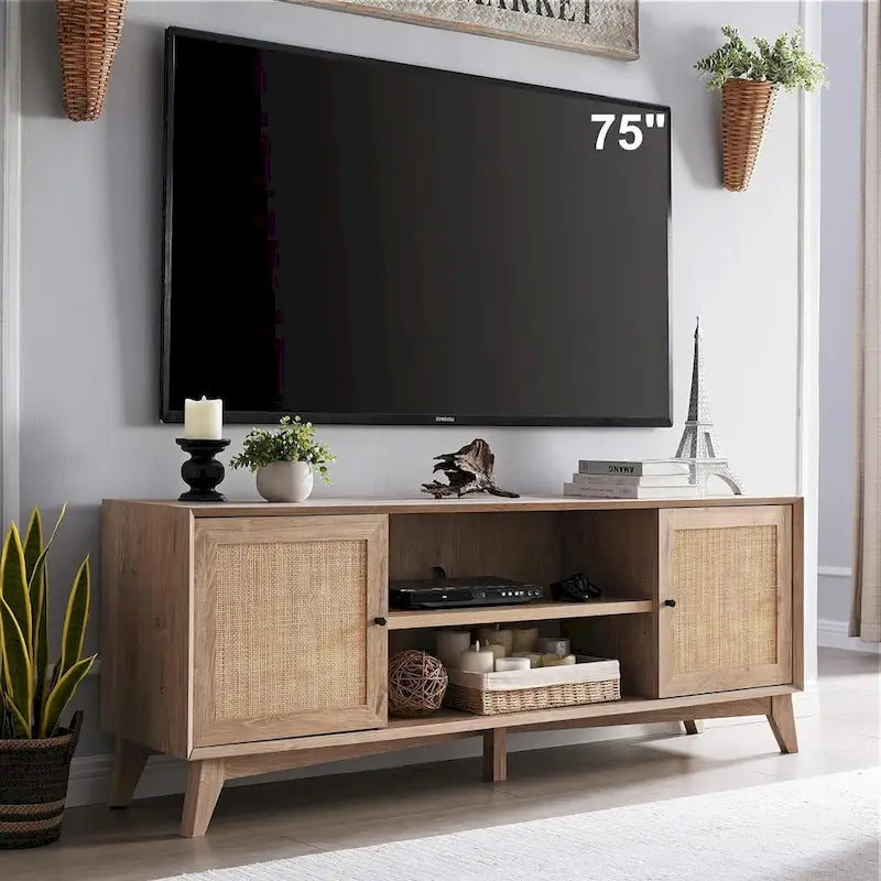 Meuble TV en rotin de style moderne du milieu du siècle pour téléviseur de 75 pouces, centre de divertissement