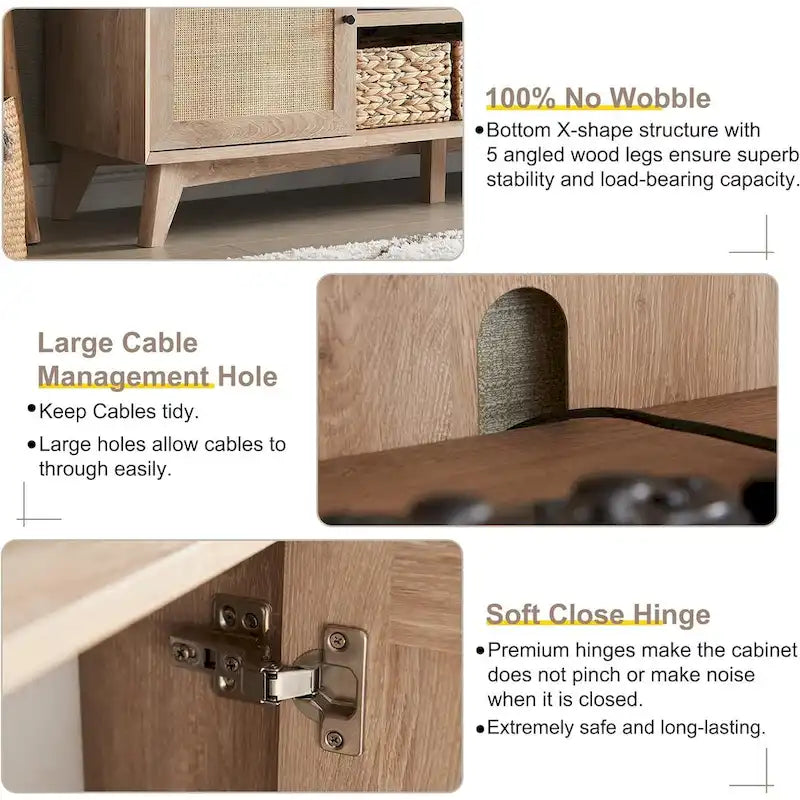 Meuble TV en rotin de style moderne du milieu du siècle pour téléviseur de 75 pouces, centre de divertissement