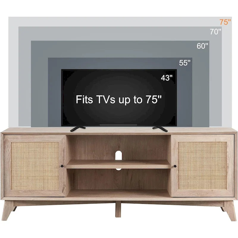 Meuble TV en rotin de style moderne du milieu du siècle pour téléviseur de 75 pouces, centre de divertissement