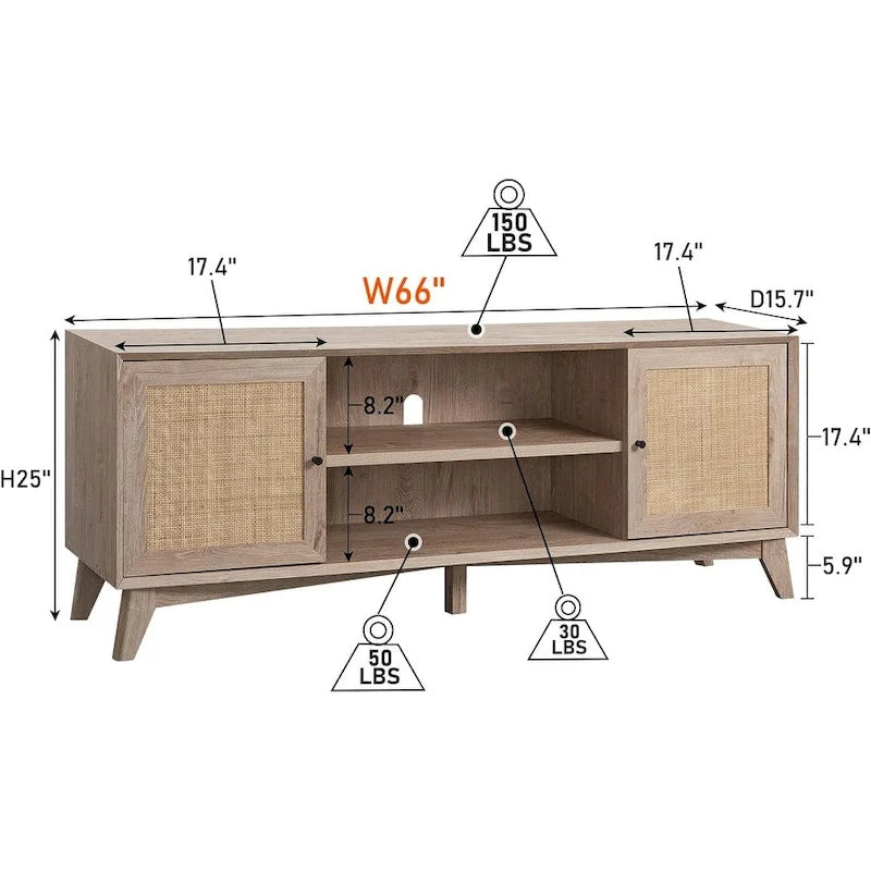 Meuble TV en rotin de style moderne du milieu du siècle pour téléviseur de 75 pouces, centre de divertissement